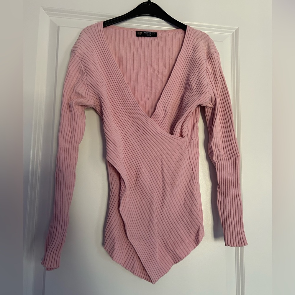 Pink Ribbed Wrap Top
